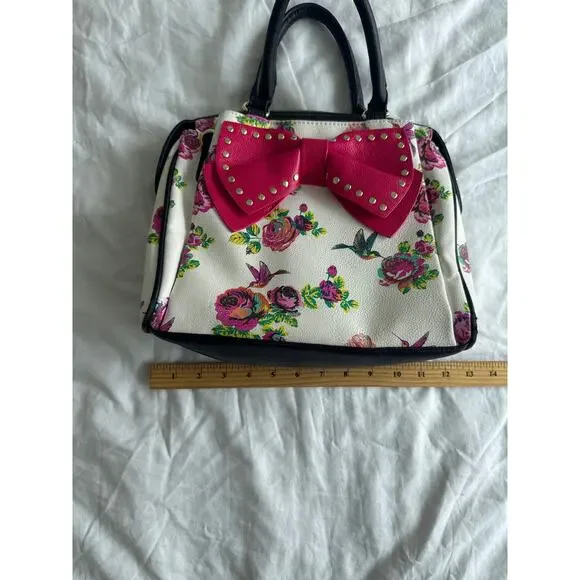 Betsey Johnson Pink Super Bow Hummbingbird Floral Satchel Floral Girly - Picture 3 of 8